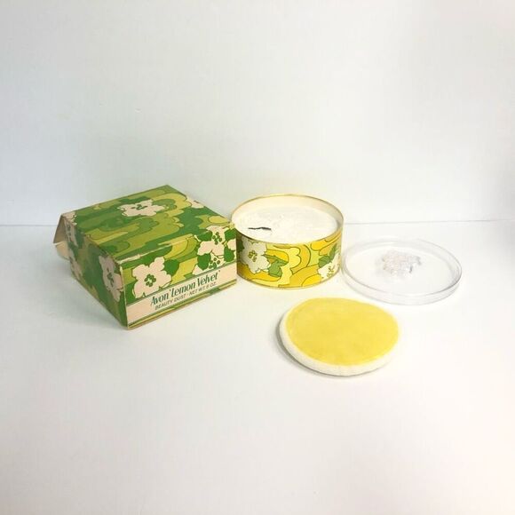 avon lemon velvet 1970s beauty dust 6 oz yellow and green flower container - Picture 1 of 7